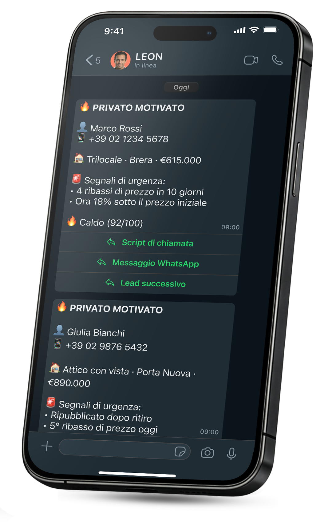 LEON che consegna lead FSBO motivati con dettagli completi