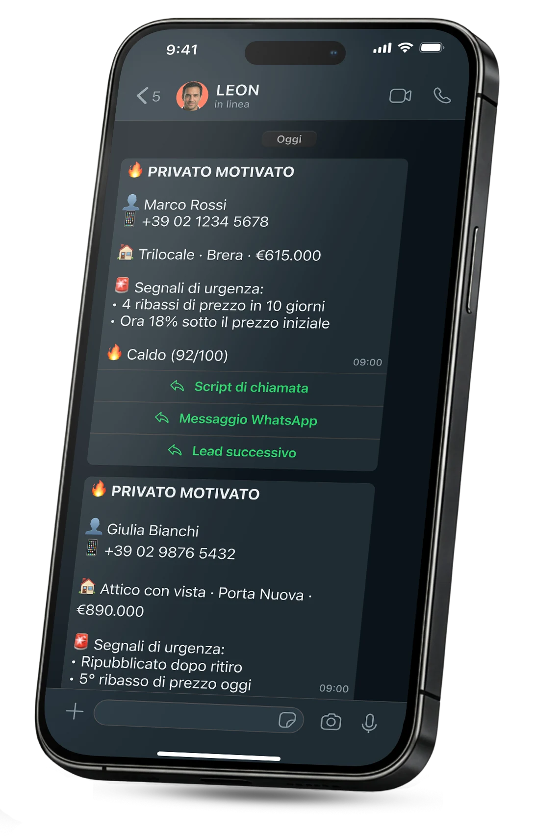 LEON che consegna lead FSBO motivati con dettagli completi